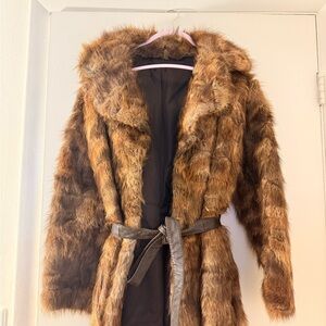 Women's Faux Fur Coat with Belt - Brown